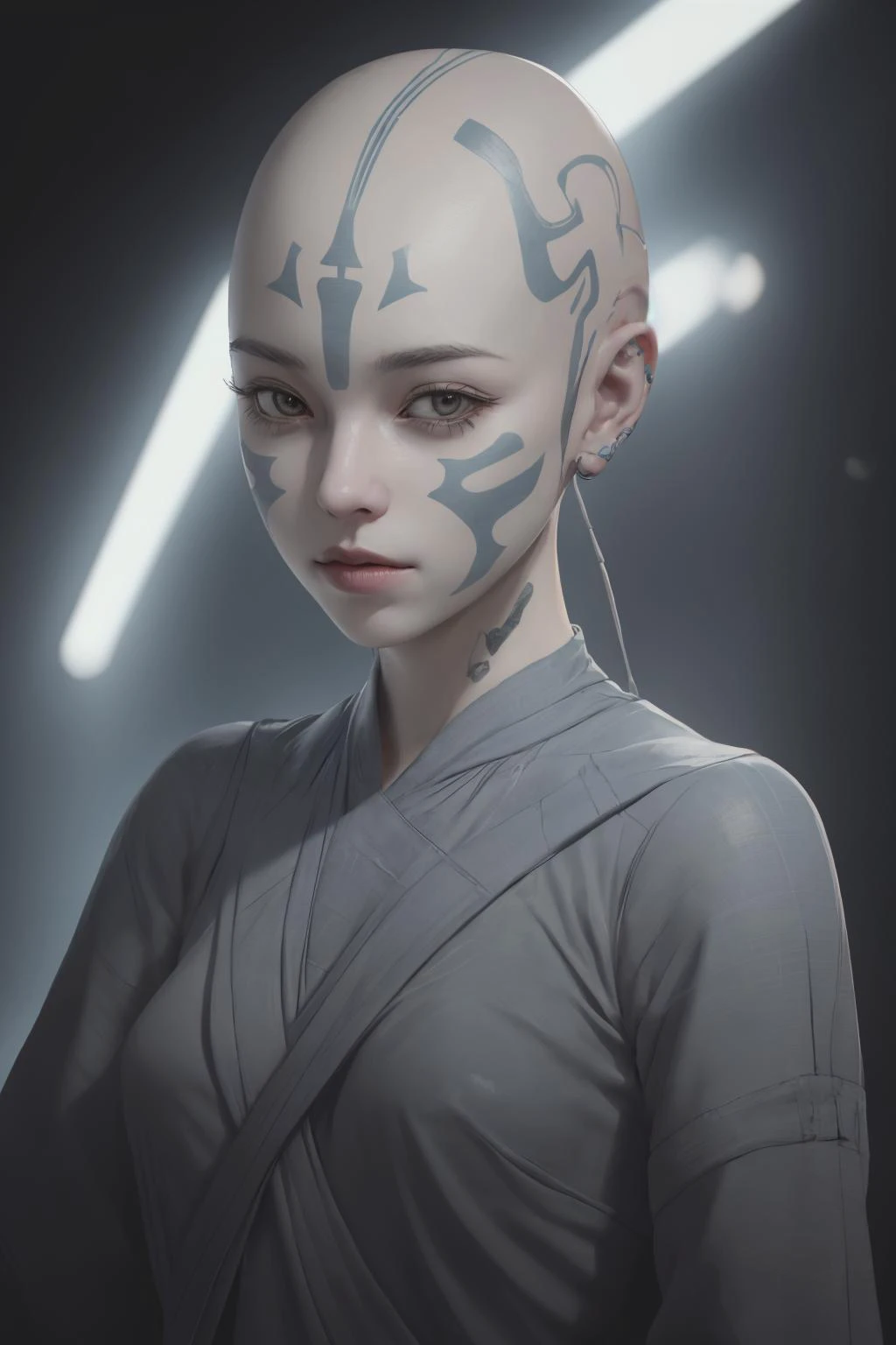 1girl, <lora:Rattataki2023:0.6>, pale blue skin, bald, tribal face markings, star wars pod racing