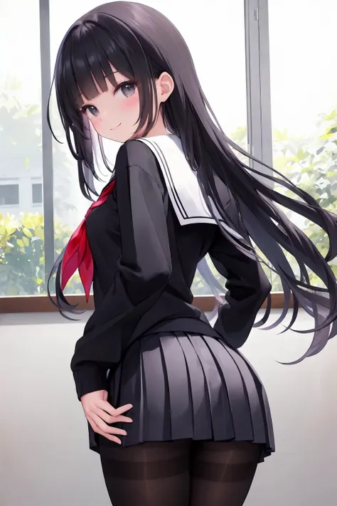 1girl, solo, skirt, long hair, pantyhose, black hair, looking at viewer, school uniform, smile, pleated skirt, black pantyhose, long sleeves, serafuku, sailor collar, indoors, bangs, looking back, black eyes, thighband pantyhose, neckerchief, blush, closed mouth, cowboy shot, red neckerchief, ass, from behind, black skirt, black sweater, sweater, very long hair, miniskirt, standing, black shirt, window, grey skirt, shirt, blunt bangs