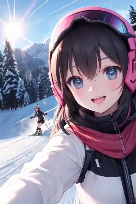 beautifu girl, skiing, selfie, open mouth, smile, iridescent light,glow light, sun light, lens flare,speed, motion blur,