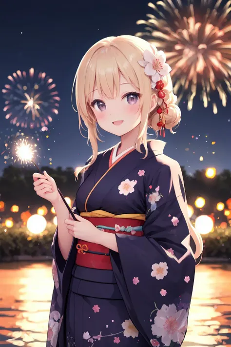 1 girls,glow lights,night,bokeh,lens flare,Kimono,fireworks,sakura garden,night,moon,smile,joy,cowboy shot,