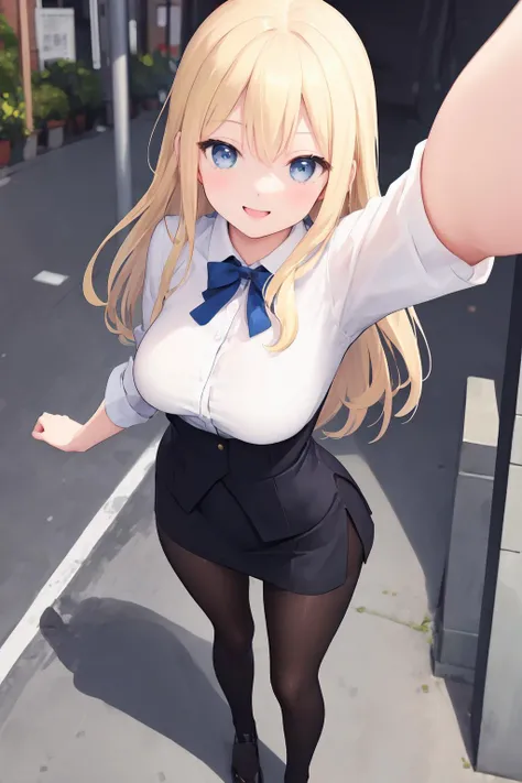 (masterpiece:1.2, best quality),((depth of field)),(illustration:1.1),dynamic angle,(happy),kind smile,look at viewer,full body,blonde long hair,blue eye,medium breasts,sexy secretary with sexy miniskirt and pantyhose,street,selfie,