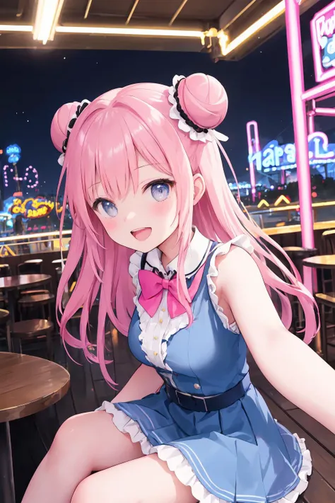 1girl,mika,hair bun,frilled dress,hair ornament,pink hair,blue bowtie,sleeveless,BAPV,pink thema,yellow thema,blue thema,red thema,gray thema,amusement park,night,neon lights,sitting at a cafe,selfie,happy,open mouth,dynamic angle,