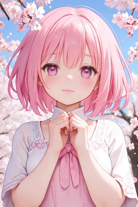 solo, 1girl, pink hair, petals, short hair, white background, pink eyes, pink theme, portrait, simple background, looking up, hands up, cherry blossoms, bangs, wind, own hands together, beautiful eyes