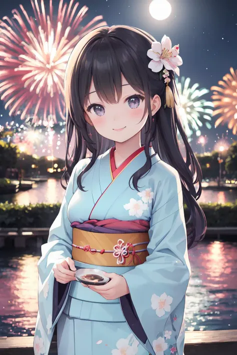 1 girls,glow lights, night,bokeh, lens flare, Kimono, fireworks, sakura garden, night, moon,smile, joy, cowboy shot,