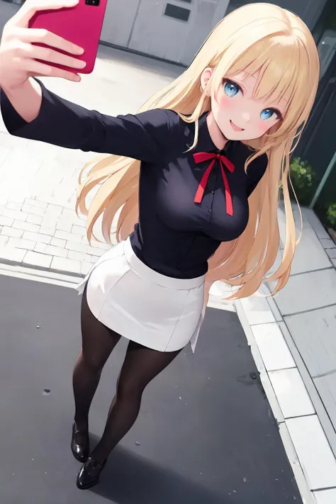 (masterpiece:1.2, best quality), ((depth of field)), (illustration:1.1), dynamic angle, (happy), kind smile, look at viewer, full body, blonde long hair, blue eye,medium breasts, sexy secretary with sexy miniskirt and pantyhose, street, selfie