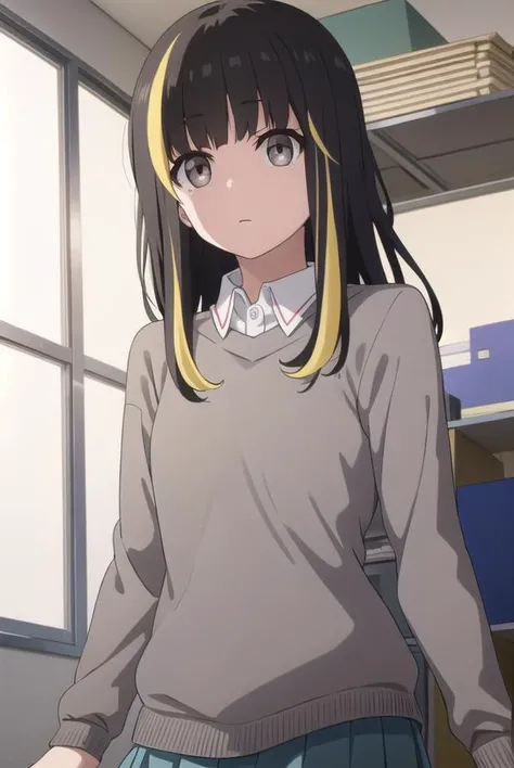 tsubakiandou, <lora:tsubaki andou s1-lora-nochekaiser:1>,
tsubaki andou, long hair, blonde hair, black hair, multicolored hair, streaked hair, (grey eyes:1.3),
BREAK skirt, shirt, pantyhose, collared shirt, sweater,
BREAK indoors, office,
BREAK looking at viewer, dynamic pose,
BREAK <lyco:GoodHands-beta2:1>, (masterpiece:1.2), best quality, high resolution, unity 8k wallpaper, (illustration:0.8), (beautiful detailed eyes:1.6), extremely detailed face, perfect lighting, extremely detailed CG, (perfect hands, perfect anatomy),