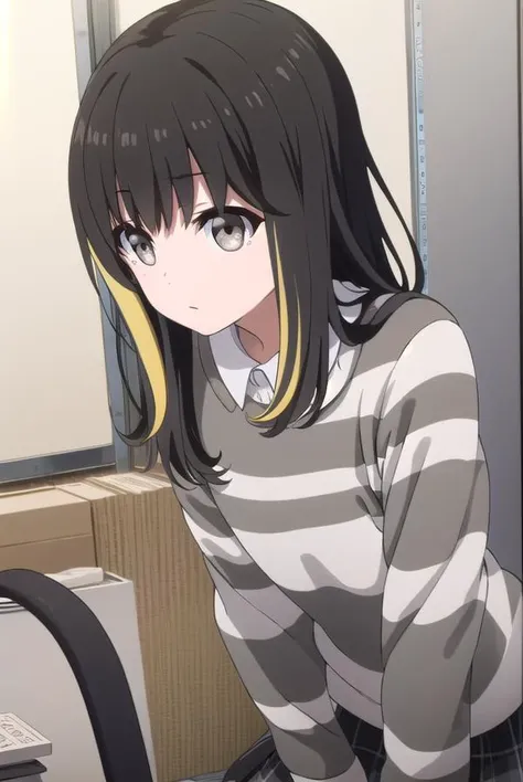 tsubakiandou, <lora:tsubaki andou s1-lora-nochekaiser:1>,
tsubaki andou, long hair, blonde hair, black hair, multicolored hair, streaked hair, (grey eyes:1.3),
BREAK skirt, shirt, pantyhose, collared shirt, sweater,
BREAK indoors, office,
BREAK looking at viewer, dynamic pose,
BREAK <lyco:GoodHands-beta2:1>, (masterpiece:1.2), best quality, high resolution, unity 8k wallpaper, (illustration:0.8), (beautiful detailed eyes:1.6), extremely detailed face, perfect lighting, extremely detailed CG, (perfect hands, perfect anatomy),