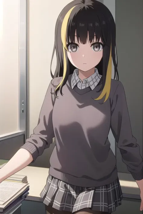 tsubakiandou, <lora:tsubaki andou s1-lora-nochekaiser:1>,
tsubaki andou, long hair, blonde hair, black hair, multicolored hair, streaked hair, (grey eyes:1.3),
BREAK skirt, shirt, pantyhose, collared shirt, sweater,
BREAK indoors, office,
BREAK looking at viewer, dynamic pose,
BREAK <lyco:GoodHands-beta2:1>, (masterpiece:1.2), best quality, high resolution, unity 8k wallpaper, (illustration:0.8), (beautiful detailed eyes:1.6), extremely detailed face, perfect lighting, extremely detailed CG, (perfect hands, perfect anatomy),