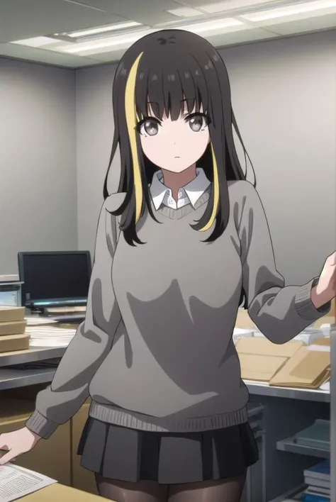 tsubakiandou, <lora:tsubaki andou s1-lora-nochekaiser:1>,
tsubaki andou, long hair, blonde hair, black hair, multicolored hair, streaked hair, (grey eyes:1.3),
BREAK skirt, shirt, pantyhose, collared shirt, sweater,
BREAK indoors, office,
BREAK looking at viewer, dynamic pose,
BREAK <lyco:GoodHands-beta2:1>, (masterpiece:1.2), best quality, high resolution, unity 8k wallpaper, (illustration:0.8), (beautiful detailed eyes:1.6), extremely detailed face, perfect lighting, extremely detailed CG, (perfect hands, perfect anatomy),