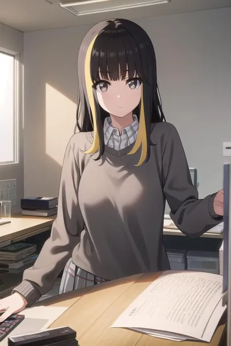 tsubakiandou, <lora:tsubaki andou s1-lora-nochekaiser:1>,
tsubaki andou, long hair, blonde hair, black hair, multicolored hair, streaked hair, (grey eyes:1.3),
BREAK skirt, shirt, pantyhose, collared shirt, sweater,
BREAK indoors, office,
BREAK looking at viewer, dynamic pose,
BREAK <lyco:GoodHands-beta2:1>, (masterpiece:1.2), best quality, high resolution, unity 8k wallpaper, (illustration:0.8), (beautiful detailed eyes:1.6), extremely detailed face, perfect lighting, extremely detailed CG, (perfect hands, perfect anatomy),