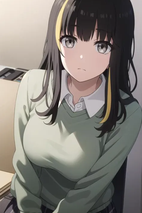 tsubakiandou, <lora:tsubaki andou s1-lora-nochekaiser:1>,
tsubaki andou, long hair, blonde hair, black hair, multicolored hair, streaked hair, (grey eyes:1.3),
BREAK skirt, shirt, pantyhose, collared shirt, sweater,
BREAK indoors, office,
BREAK looking at viewer, dynamic pose,
BREAK <lyco:GoodHands-beta2:1>, (masterpiece:1.2), best quality, high resolution, unity 8k wallpaper, (illustration:0.8), (beautiful detailed eyes:1.6), extremely detailed face, perfect lighting, extremely detailed CG, (perfect hands, perfect anatomy),