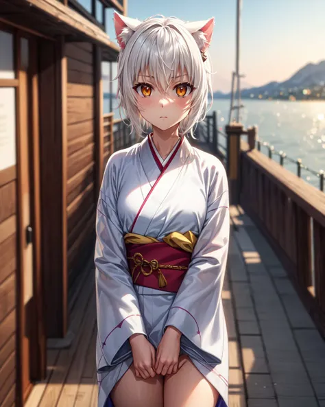 (4k),(Masterpiece),Extremely Detailed,Refined,Super Detailed,Professional Photography,Bokeh,High Definition,Sharp Detail,Best Quality,
day,sun,sea,
ToujoKoneko,1 girl,white hair,small breasts,short hair,white cat ears,yellow eyes,cat ears,slit_pupils,
kimono,long kimono,black obi,white kimono,closed clothes,
serious,looking_at_viewer,standing on the deck of a wooden ship,<lora:HighSchoolDxD_ToujoKoneko:0.8>,<lora:add_detail>,
