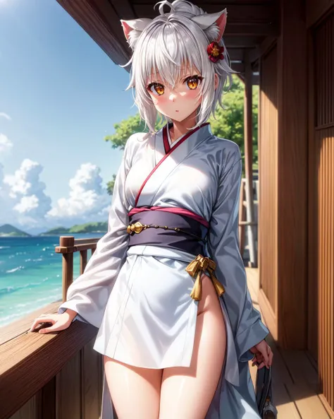 (4k),(Masterpiece),Extremely Detailed,Refined,Super Detailed,Professional Photography,Bokeh,High Definition,Sharp Detail,Best Quality,
over the sea,sun,
ToujoKoneko,1 girl,white hair,small breasts,short hair,white cat ears,yellow eyes,cat ears,slit_pupils,
kimono,long kimono,black obi,white kimono,closed clothes,
serious,standing on the deck of a wooden ship,looking_at_viewer,<lora:HighSchoolDxD_ToujoKoneko:0.8>,<lora:add_detail>,
