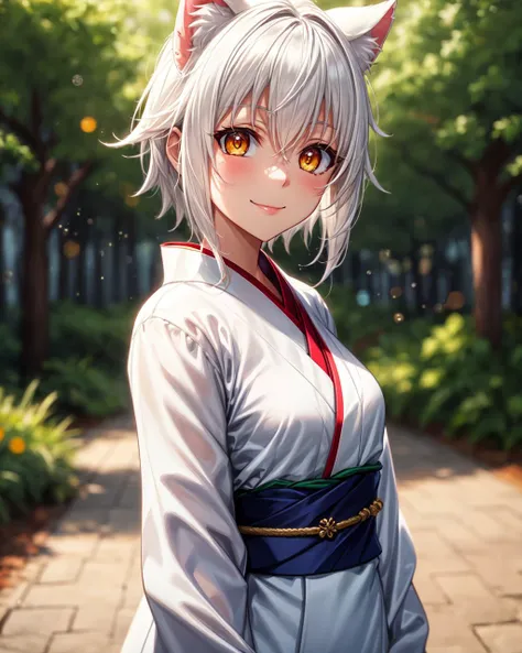 (4k),(Masterpiece),Extremely Detailed,Refined,Super Detailed,Professional Photography,Bokeh,High Definition,Sharp Detail,Best Quality,RTX lighting,
day,forest,
ToujoKoneko,1 girl,white hair,small breasts,short hair,white cat ears,yellow eyes,cat ears,slit_pupils,
kimono,long kimono,black obi,white kimono,closed clothes,
standing,smile,looking_at_viewer,<lora:HighSchoolDxD_ToujoKoneko:0.8>,<lora:add_detail>,