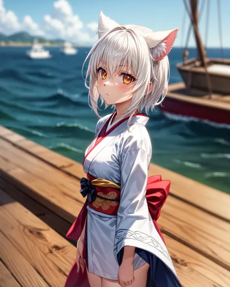 (4k),(Masterpiece),Extremely Detailed,Refined,Super Detailed,Professional Photography,Bokeh,High Definition,Sharp Detail,Best Quality,RTX,
over the sea,day,
ToujoKoneko,1 girl,white hair,small breasts,short hair,white cat ears,yellow eyes,cat ears,slit_pupils,
kimono,long kimono,black obi,white kimono,closed clothes,
serious,standing on the deck of a wooden ship,looking_at_viewer,<lora:HighSchoolDxD_ToujoKoneko:0.8>,<lora:add_detail>,