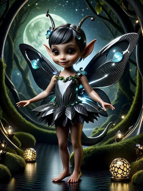 award-winning photography of a pixie with playful mischief made of carbonfiber, glowing, whimsical, enchanted, magical, fantasy art concept, intricate details, masterpiece, best quality, realism, hyper realistic <lora:ral-carbonfiber-sdxl:0.8> ral-