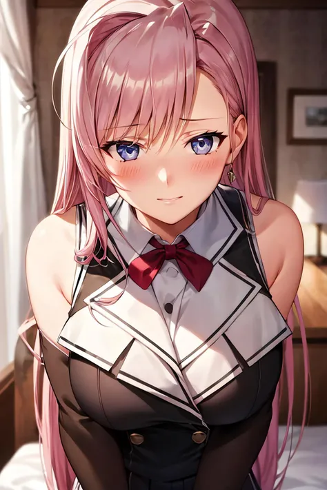 masterpiece, (best quality), 1woman,1girl ,1boy,,charlotte_hazelrink,    pink hair,  long hair, very long hair,   blue eyes,purple eyes, school uniform ,   large breasts,,sexy woman, embarrassed,blush,   bare shoulders, vibrant colors ,,natural lighting  ,RTX,  , beautiful, (detailed face:1.2), showcase, (perfect eyes:1.1) ,(photorealistic:1.1), 8k uhd,  looking at viewer, bedroom, indoors,  simple backround