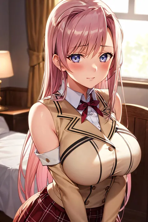 masterpiece, (best quality), 1woman,1girl ,1boy,,charlotte_hazelrink, pink hair, long hair, very long hair, blue eyes,purple eyes, school uniform , large breasts,,sexy woman, embarrassed,blush, bare shoulders, vibrant colors ,,natural lighting ,RTX, , beautiful, (detailed face:1.2), showcase, (perfect eyes:1.1) ,(photorealistic:1.1), 8k uhd, looking at viewer, bedroom, indoors, simple backround