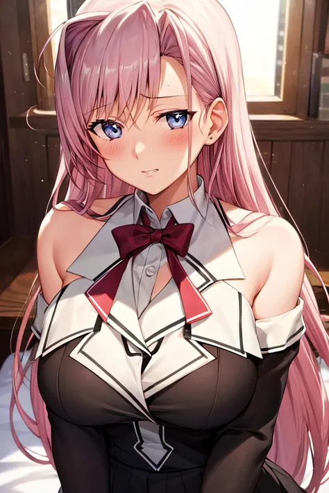 masterpiece, (best quality), 1woman,1girl ,1boy,,charlotte_hazelrink, pink hair, long hair, very long hair, blue eyes,purple eyes, school uniform , large breasts,,sexy woman, embarrassed,blush, bare shoulders, vibrant colors ,,natural lighting ,RTX, , beautiful, (detailed face:1.2), showcase, (perfect eyes:1.1) ,(photorealistic:1.1), 8k uhd, looking at viewer, bedroom, indoors, simple backround