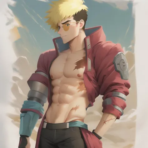 vash, prosthetic arm, naked, scars on body, pectorals, biceps, abs
