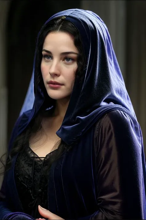 real, atmospheric scene, masterpiece, best quality, (detailed face, detail skin texture, ultra-detailed body),(cinematic light),
<lora:LivTyler_smf_lora_v01-000003:0.9>, 1i7t713r-smf, 1girl, solo, realistic, black hair, blurry, blurry background, veil, cloak, lips, long sleeves