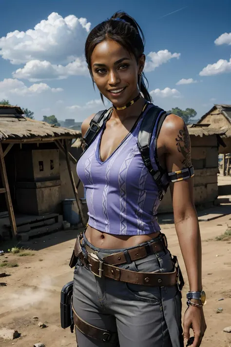 shevalomar, woman, athletic body, dark skin, yellow eyes, ponytail, tank top, tattoo, grey pants, armlet, holster, multiple belts, looking at viewer, smiling,
outside, african village, dull sky, dust, extreme detail, hdr, <lora:sxz-sheva-v1:.8>