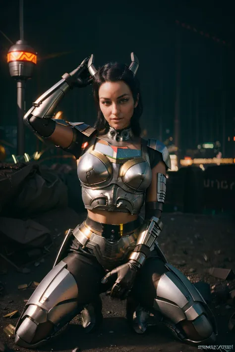 <lora:quiron_SimonneStyle_v1_lora:0.88> <lora:quiron_Jaspion_v1_Lora:0.57>, (realistic), cyberpunk style, cinematic photo, SimonneStyleQuiron Woman, Simonne Style as cyberpunk JaspionQuiron character wearing (lady Thor) armor with (metallic details) with rusty and damage (cybernetic arm and leg), cyberpunk scene, dynamic posture, perfect hands, (ai artwork by Quiron:0.1), neon light, night, insane level of details, trending on artstation, cinematic light, side lighting, best shadow, 8k uhd, dslr, soft lighting, high quality, film grain, Fujifilm XT3,