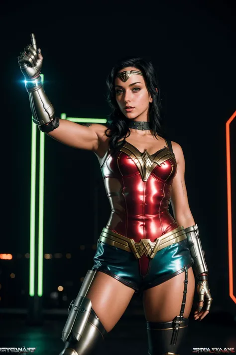 <lora:quiron_SimonneStyle_v1_lora:0.88> <lora:quiron_Jaspion_v1_Lora:0.37>, (realistic), cyberpunk style,  cinematic photo, SimonneStyleQuiron Woman, Simonne Style as cyberpunk JaspionQuiron character wearing (wonder woman) armor with (metallic details) with rusty and damage (cybernetic arm and leg) , dynamic posture,  perfect hands,  (ai artwork by Quiron:0.1), neon light, night,  insane level of details, trending on artstation, cinematic light, side lighting, best shadow,  8k uhd, dslr, soft lighting, high quality, film grain, Fujifilm XT3,