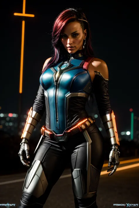 <lora:quiron_SimonneStyle_v1_lora:0.88> <lora:quiron_Jaspion_v1_Lora:0.37>, (realistic), cyberpunk style, cinematic photo, SimonneStyleQuiron Woman, Simonne Style as cyberpunk JaspionQuiron character wearing (mystique from xmen) armor with (metallic details) with rusty and damage (cybernetic arm and leg) , dynamic posture, perfect hands, (ai artwork by Quiron:0.1), neon light, night, insane level of details, trending on artstation, cinematic light, side lighting, best shadow, 8k uhd, dslr, soft lighting, high quality, film grain, Fujifilm XT3,
