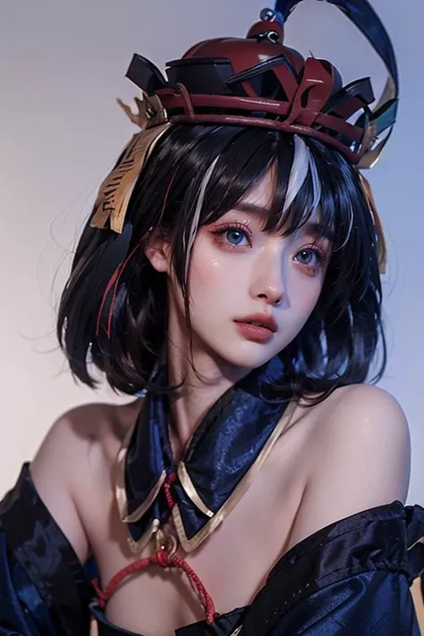 <lora:Hwah-Jah-000001:1>,(qing guanmao:1.6),Hat,(red gemstone:1.2),white background,simple background,(gem:1.2),hwah jah,(streaked hair:1.7),floating paper,zombie fairy,(multicolored hair:1.3),(blue eyes:1.2),bare shoulders,red rope,, best quality , masterpiece, illustration, an extremely delicate and beautiful, extremely detailed ,CG,unity,8k wallpaper, Amazing, finely detail, masterpiece, best quality,official art,extremely detailed CG unity 8k wallpaper,absurdres, incredibly absurdres, huge filesize , ultra-detailed, highres, extremely detailed,beautiful detailed girl, extremely detailed eyes and face, beautiful detailed eyes,light on face,
