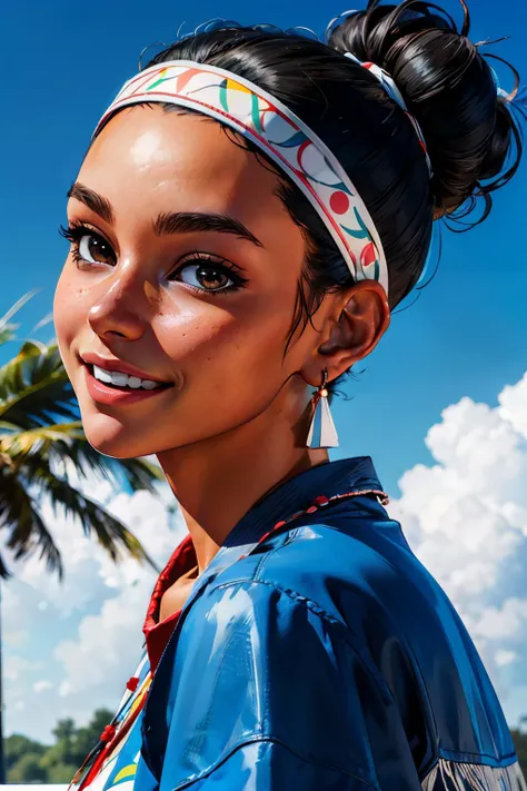 Lily, brown eyes, black hair, double hair bun, earrings, necklace, headband,blue poncho, fringe trim, looking at viewer, smiling, portrait,
outside, blue sky, extreme detail, masterpiece, <lora:LilySF6:.6>
