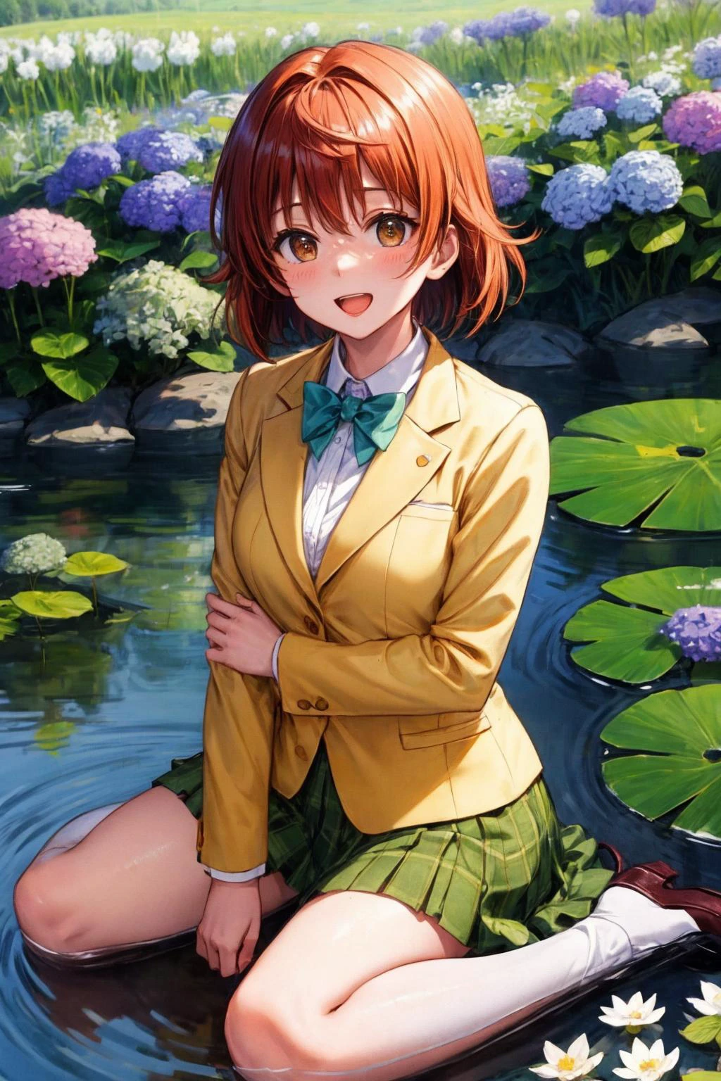 masterpiece, best quality, highres, aariko, short hair, brown eyes, <lora:yuusaki_riko_v1:0.6>,
school uniform, blue bowtie, blazer, yellow jacket, long sleeves, plaid skirt, green skirt,
dandelion, field, floral background, flower, flower \(symbol\), flower field, holding flower, hydrangea, leaf, lily \(flower\), lily of the valley, lily pad, long hair, lotus, open mouth, orange flower, pink flower, purple flower, smile, solo, tulip,, white flower, white rose, wariza, sitting,