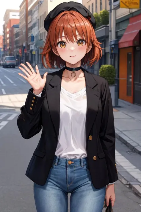 masterpiece, best quality, highres, aariko, short hair, brown eyes, <lora:yuusaki_riko_v1:0.6>, 
black ribbon, black choker, black headwear, denim, black jacket, white shirt, jeans, long sleeves, street, waving hand