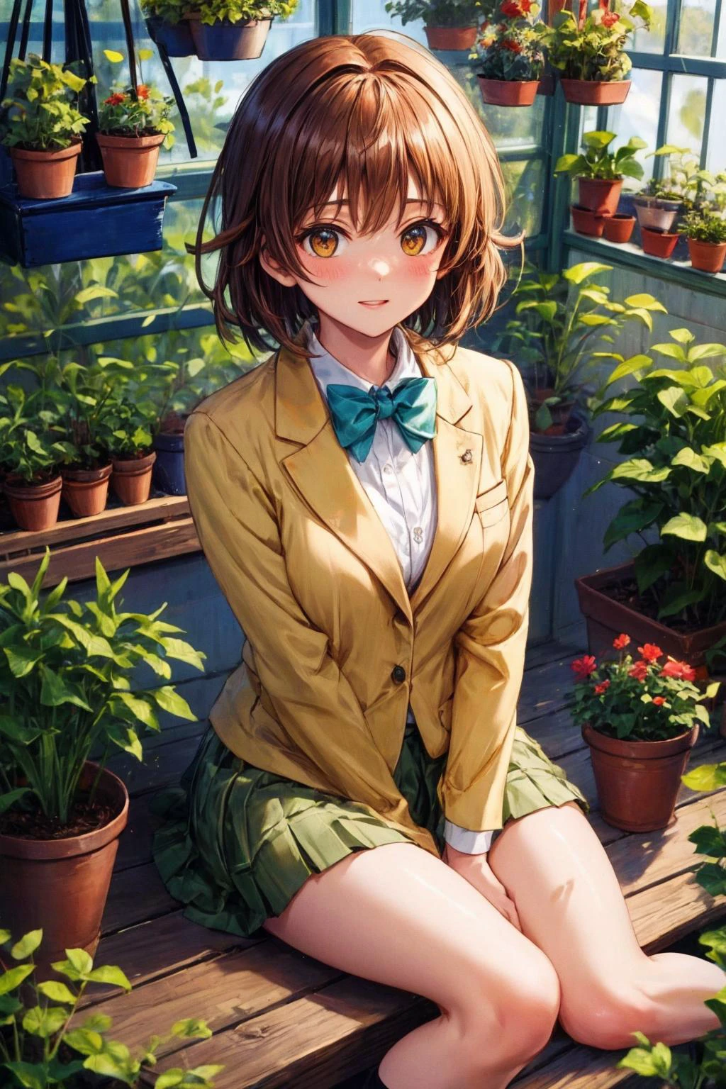 masterpiece, best quality, highres, aariko, short hair, brown eyes, <lora:yuusaki_riko_v1:0.6>,
school uniform, blue bowtie, blazer, yellow jacket, long sleeves, plaid skirt, green skirt,
Gardening in a greenhouse filled with tomato plants, holding a pot of tomato, wariza, sitting,