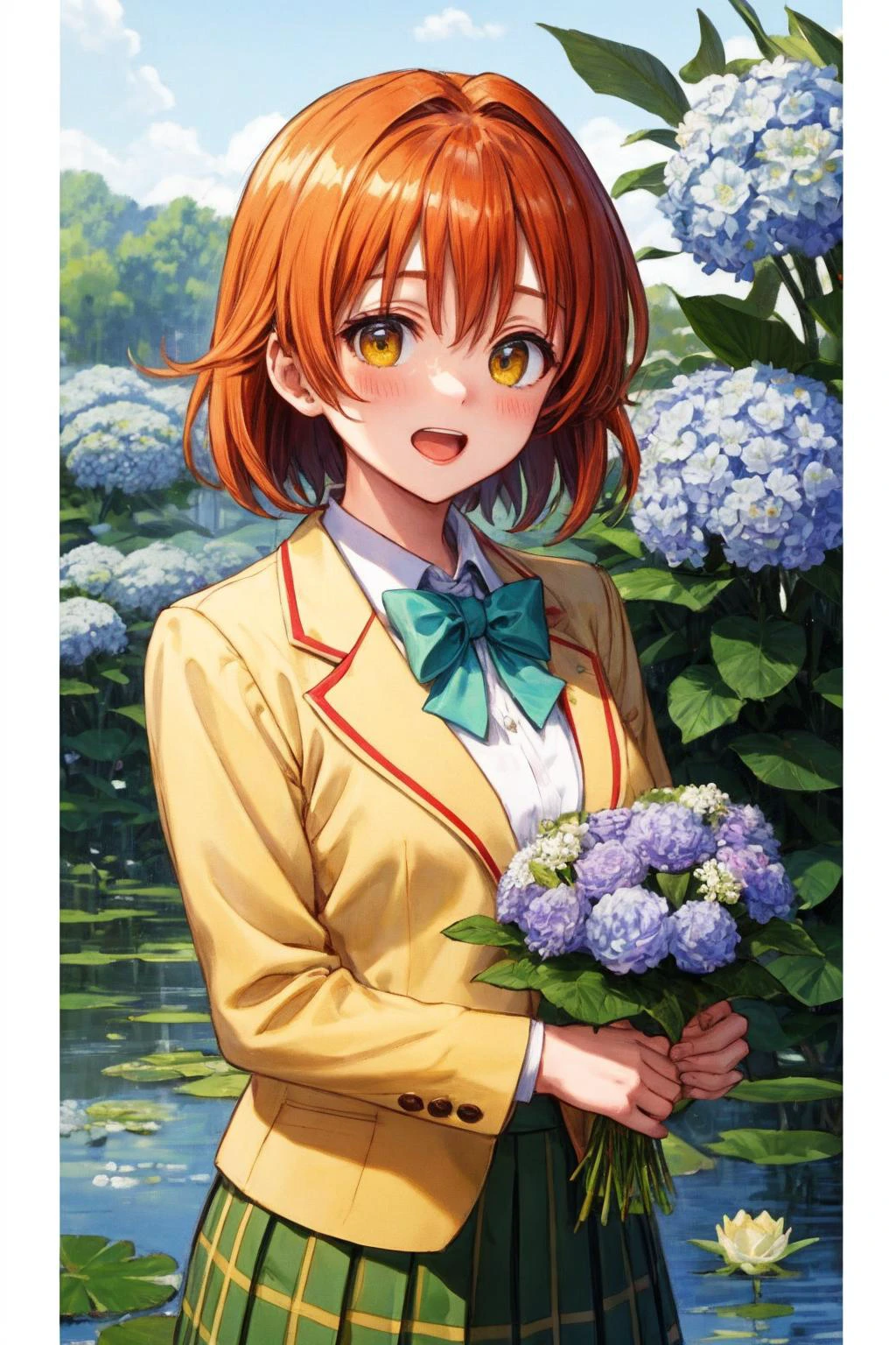 masterpiece, best quality, highres, aariko, short hair, brown eyes, <lora:yuusaki_riko_v1:0.6>,
school uniform, blue bowtie, blazer, yellow jacket, long sleeves, plaid skirt, green skirt,
dandelion, field, floral background, flower, flower \(symbol\), flower field, flower pot, holding, holding bouquet, holding flower, hydrangea, leaf, lily \(flower\), lily of the valley, lily pad, long hair, lotus, open mouth, orange flower, pink flower, purple flower, smile, solo, tulip, , upper body, vase, white flower, white rose,