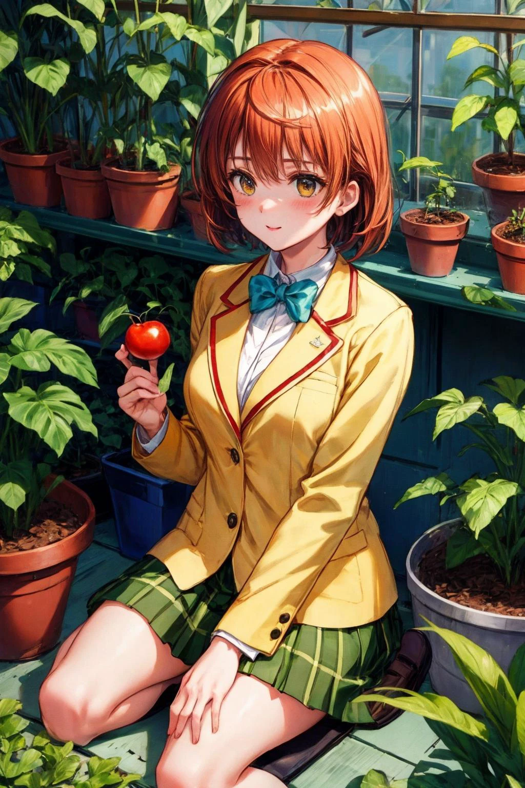 masterpiece, best quality, highres, aariko, short hair, brown eyes, <lora:yuusaki_riko_v1:0.6>,
school uniform, blue bowtie, blazer, yellow jacket, long sleeves, plaid skirt, green skirt,
Gardening in a greenhouse filled with tomato plants, holding a pot of tomato, wariza, sitting,