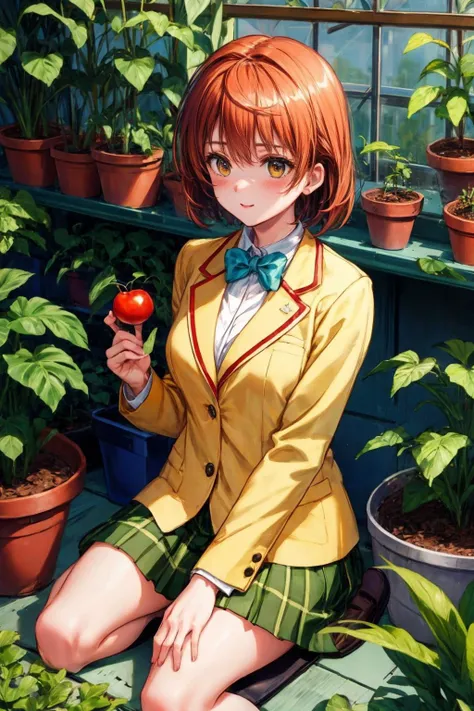 masterpiece, best quality, highres, aariko, short hair, brown eyes, <lora:yuusaki_riko_v1:0.6>, 
school uniform, blue bowtie, blazer, yellow jacket, long sleeves, plaid skirt, green skirt,
Gardening in a greenhouse filled with tomato plants, holding a pot of tomato, wariza, sitting,