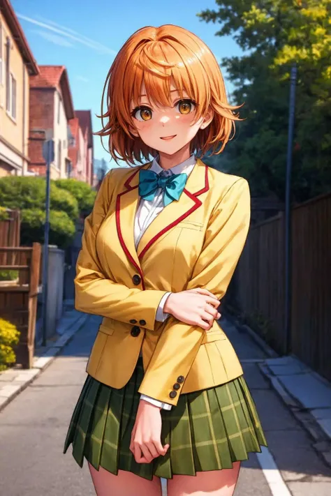 masterpiece, best quality, highres, aariko, short hair, brown eyes, school uniform, blue bowtie, blazer, yellow jacket, long sleeves, plaid skirt, green skirt, <lora:yuusaki_riko_v1:0.6>, standing, cowboy shot, smile, outdoors, close portrait, upper body