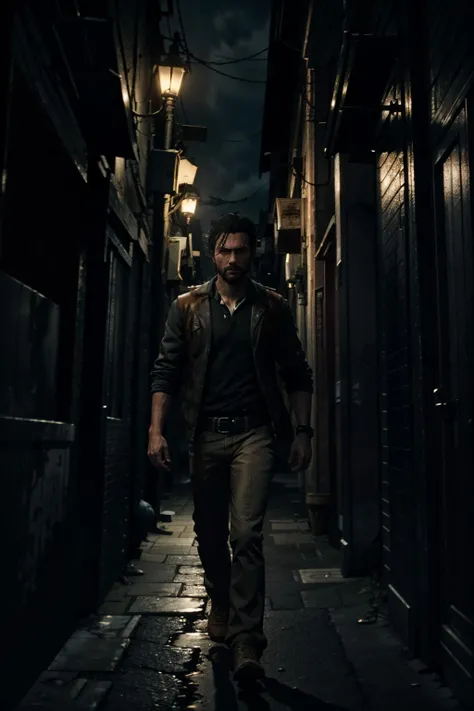 <lora:bigby-07a:0.55>, bigbyTWAS_soul3142, male focus, facial hair, shirt, pants, blood, sharp teeth, dark theme, night, alley,