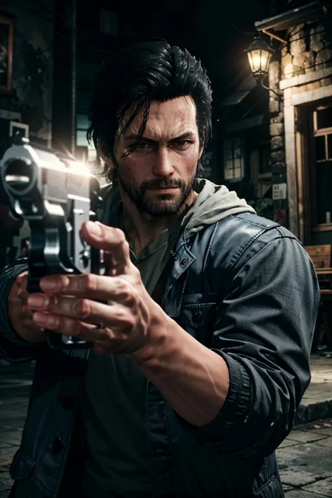 (masterpiece, best quality)
Sebastian2Evil, solo, looking at viewer, shirt, black hair, 1boy, holding, jacket, upper body, weapon, male focus, holding weapon, gun, blood, depth of field, facial hair, holding gun, beard, handgun, realistic, manly, aiming, aiming at viewer
<lora:epi_noiseoffset2:1>, <lora:add_detail:0.5>, <lora:Sebastian2Evil:0.8>