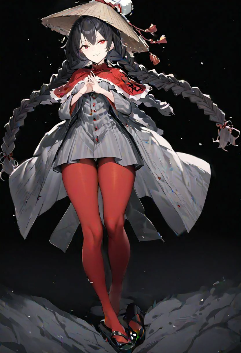 masterpiece, best quality, ultra-detailed, beautiful, nai3, 1girl, solo, full_body, tachi-e,
yatadera_narumi, solo, 1girl, hat, ajirogasa, long_hair, black_hair, red_eyes, twin_braids, long_earlobes, red_capelet, grey_dress, long_sleeves, buttons, clothes_writing, sandals, red_legwear, jizou, red_pantyhose, smile, snow, own_hands_together, folded_hands, prayer_gesture,