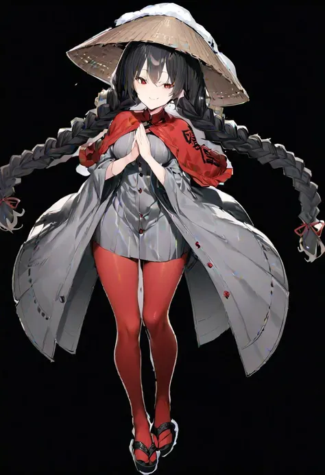 masterpiece, best quality, ultra-detailed, beautiful, nai3, 1girl, solo, full_body, tachi-e,
yatadera_narumi, solo, 1girl, hat, ajirogasa, long_hair, black_hair, red_eyes, twin_braids, long_earlobes, red_capelet, grey_dress, long_sleeves, buttons, clothes_writing, sandals, red_legwear, jizou, red_pantyhose, smile, snow, own_hands_together, folded_hands, prayer_gesture,
