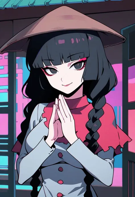 masterpiece, best quality,
anime style, retro style, city pop,
vaporwave, pastel colors,
1girl, yatadera narumi, touhou,
black hair, black eyes, twin braids, blunt bangs, hat,
ajirogasa,
eyeshadow, eyelashes, lip,
large breasts,
long earlobes,
grey dress, long sleeves,
small buttons,
single strap red capelet,
light smile,
palms together,
upper body,
japanese veranda,