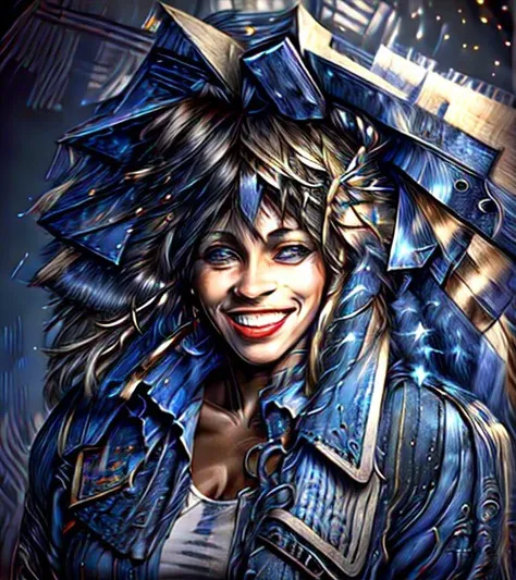 aged up, tnatnr on stage,blue jean jacket,messy hair,(wide-shot:1.3),(ultimate complexity:1.5),(ultra-detailed:1.5),(ultra-realistic:1.5),light particles,light rays,HDR,<lyco:tina_turner_v1.0:1>,huge grin reaching eyes,singing into microphone