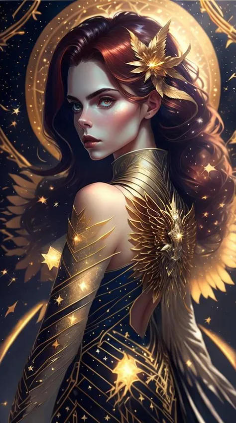 an awarded profesional photo of galGad1, as Evangeline: A star princess with skin that glimmers with the light of distant galaxies, and her eyes, like twinkling stars, hold the secrets of the universe. Her long, flowing hair, the color of the cosmos, cascades down her back and seems to glow with an otherworldly light. Evangeline possesses an ethereal and otherworldly form, with a celestial aura that radiates beauty and wisdom. She wears an elegant gown made from shimmering stardust and woven with constellations, representing her connection to the celestial plane. Her dress is accentuated with glowing wings that allow her to traverse between the mortal realm and the heavens. In her hand, she holds a celestial scepter, a conduit for her otherworldly powers., ultradetailed, intricated face,(face details:1.1),perfect eyes, ideal body posture,perfect body proportions, by jeremy mann, by sandra chevrier, by maciej kuciara,(masterpiece:1.2),(ultradetailed:1.1), ultrasharp, (perfect, body:1.1),(realistic:1.3),(real shadow:1.2),3photo Fujifilm XT3, ,(perfect body proportions:1.1)<lyco:GoodHands-beta2:1>, intricated hands,(by Michelangelo),(profesional lights:1.3) (profesional photography:1.3),in perfect background with intricated details - Frostfall Peaks: A frigid and snow-covered mountain range, home to massive glaciers and treacherous icy caverns. The mountains seem to sparkle under the moonlight., cowboy shot (character focus:1.1), depth of field, anatomically correct hand, perfect anatomy, ideal limbs, ideal arms, ideal hands