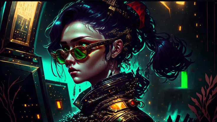 an awarded photo of 1 girl with greek beauty, she has small nose and delicate freckles, alabaster white skin with big green eyes and black brows and black long wawing hairstyle with bloody red highlights, posing to time magazine in dungeon computer center, dynamic pose,perfect quality masterpiece, ultradetailed, ultrasharp, best quality, photorealistic, cinematic lights, half body shot, realistic photography, analog photography, looks like real, boekh, deep of field, <lora:rMadArt3_NoiseOffset:1> <lora:WitchcraftPunkAI:1> with elegant golden cyber glasses with display and cmatrix