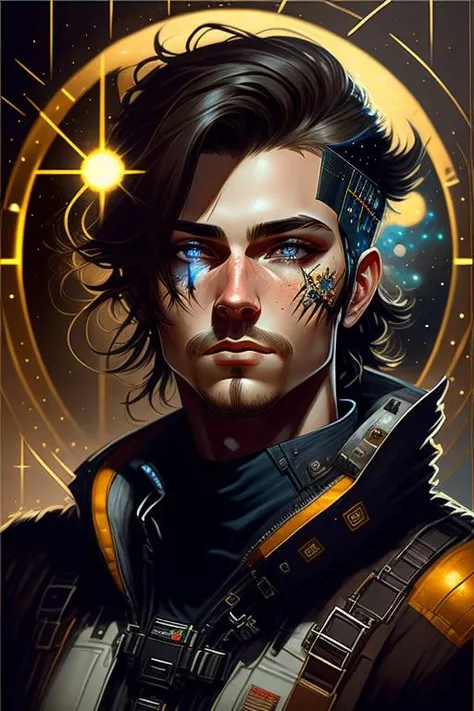 an awarded profesional photo of futuraaurora9600v5 as Solomon "Starborn" Wright (Star Wars): Solomon Wright, a daring starship pilot and smuggler, has an adventurous aura that draws people to him. His sun-kissed skin speaks of countless hours spent under distant suns, while his mischievous grin hints at the thrill-seeking spirit that propels him across the galaxy. Solomon's bright blue eyes, often sparkling with laughter, reflect the boundless curiosity and sense of wonder that drive him to explore uncharted territories. His attire, a combination of practical spacer clothes and a pilot's vest adorned with patches of far-off planets and star systems, mirrors the nomadic life he leads. At his hip, he carries a heavily modified blaster pistol, a trusty companion that has seen him through numerous harrowing encounters and narrow escapes. with Petite - A small-framed and delicate figure with subtle curves. , ultradetailed, intricated face,(face details:1.1),perfect eyes, ideal body posture,perfect body proportions, by jeremy mann, by sandra chevrier, by maciej kuciara,(masterpiece:1.2),(ultradetailed:1.1), ultrasharp, (perfect, body:1.1),(realistic:1.3),(real shadow:1.2), photo Fujifilm XT3, ,(perfect body proportions:1.1)<lyco:GoodHands-beta2:1>, intricated hands,(by Michelangelo),(profesional lights:1.3) (profesional photography:1.3),in Blackwater Marsh: A dark and eerie marshland shrouded in mist. The still waters are tainted black, and strange lights dance in the distance., full body shot, (character focus:1.1), depth of field, perfect hands, realistic shadows, realsitic lights, perfect quality, natural skin, skin marks, detailed hairstyle, kkw-skin-det, photorealistic,
