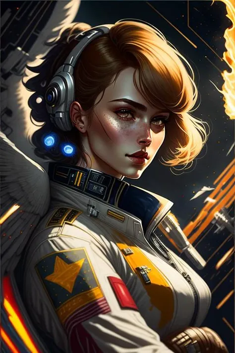 an awarded profesional photo of 1girl bridgetfonda as Elena "Starglide" Solari (Star Wars): Elena Solari, a seasoned and fearless starfighter pilot, embodies the adventurous spirit of a daring spacer. Her short, tousled blonde hair speaks of the wind-swept skies she traverses. Her bright blue eyes, shimmering with a sense of wonder, mirror the thrill of spaceflight. Elena's pilot's suit, adorned with badges of honor and the markings of countless starships, symbolizes her expertise and experience in the cockpit. At her side, she carries a flight-worn blaster pistol, a weapon that has seen her through numerous dogfights and skirmishes. As she navigates the vast expanse of space, Elena becomes a celestial bird of prey, her wings soaring through the heavens with unmatched skill. with Tall-Elegant - A statuesque figure with grace and poise. , she stay in battle pose on battle ground with cyber katana in hand, ultradetailed, intricated face,(face details:1.1),perfect eyes, ideal body posture,perfect body proportions, by jeremy mann, by sandra chevrier, by maciej kuciara,(masterpiece:1.2),(ultradetailed:1.1), ultrasharp, (perfect, body:1.1),(realistic:1.3),(real shadow:1.2), photo Fujifilm XT3, ,(perfect body proportions:1.1)<lyco:GoodHands-beta2:1>, intricated hands,(by Michelangelo),(profesional lights:1.3) (profesional photography:1.3), full body shot, (character focus:1.1), depth of field, perfect hands, realistic shadows, realsitic lights, perfect quality, natural skin, skin marks, detailed hairstyle, kkw-skin-det, photorealistic, detailed skin, detailed background, black and white and red colors