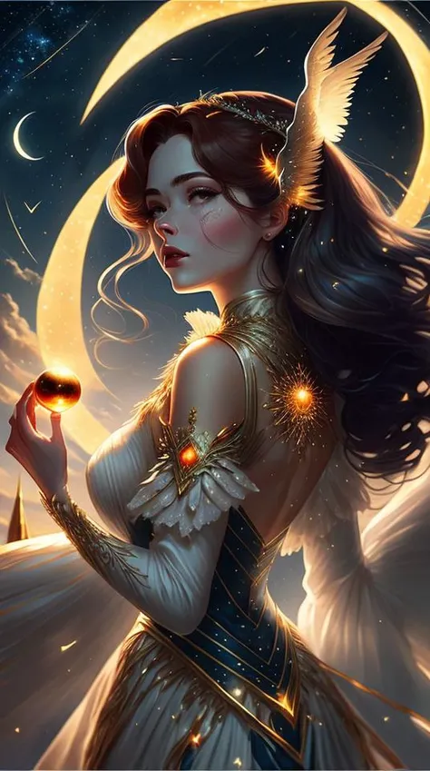 an awarded profesional photo of galGad1, as Evangeline: A star princess with skin that glimmers with the light of distant galaxies, and her eyes, like twinkling stars, hold the secrets of the universe. Her long, flowing hair, the color of the cosmos, cascades down her back and seems to glow with an otherworldly light. Evangeline possesses an ethereal and otherworldly form, with a celestial aura that radiates beauty and wisdom. She wears an elegant gown made from shimmering stardust and woven with constellations, representing her connection to the celestial plane. Her dress is accentuated with glowing wings that allow her to traverse between the mortal realm and the heavens. In her hand, she holds a celestial scepter, a conduit for her otherworldly powers., ultradetailed, intricated face,(face details:1.1),perfect eyes, ideal body posture,perfect body proportions, by jeremy mann, by sandra chevrier, by maciej kuciara,(masterpiece:1.2),(ultradetailed:1.1), ultrasharp, (perfect, body:1.1),(realistic:1.3),(real shadow:1.2),3photo Fujifilm XT3, ,(perfect body proportions:1.1)<lyco:GoodHands-beta2:1>, intricated hands,(by Michelangelo),(profesional lights:1.3) (profesional photography:1.3),in perfect background with intricated details - Frostfall Peaks: A frigid and snow-covered mountain range, home to massive glaciers and treacherous icy caverns. The mountains seem to sparkle under the moonlight., cowboy shot (character focus:1.1), depth of field, anatomically correct hand, perfect anatomy, ideal limbs, ideal arms, ideal hands
