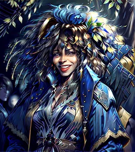 <lyco:tina_turner_v1.0:1>,style-sylvamagic:1,(ultra-detailed:1.3),(best quality:1.3),aged up,tnatnr on stage,blue jean-jacket,messy hair,huge grin reaching eyes,singing into microphone,